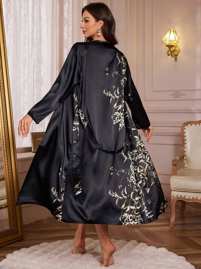 11003-Black Floral Satin Nightwear Robe Set for Women – Elegant Night Dress & Sleepwear