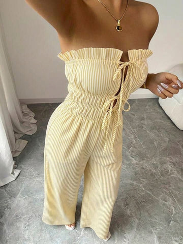 11038 - Women yellow & White Striped Cotton Night Suit