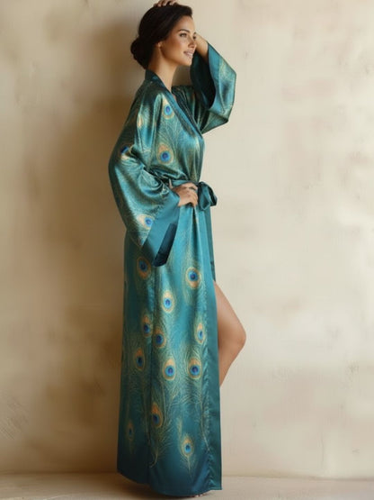 11027 - Women Black Satin Long Night Robe with Leopard Print Trim