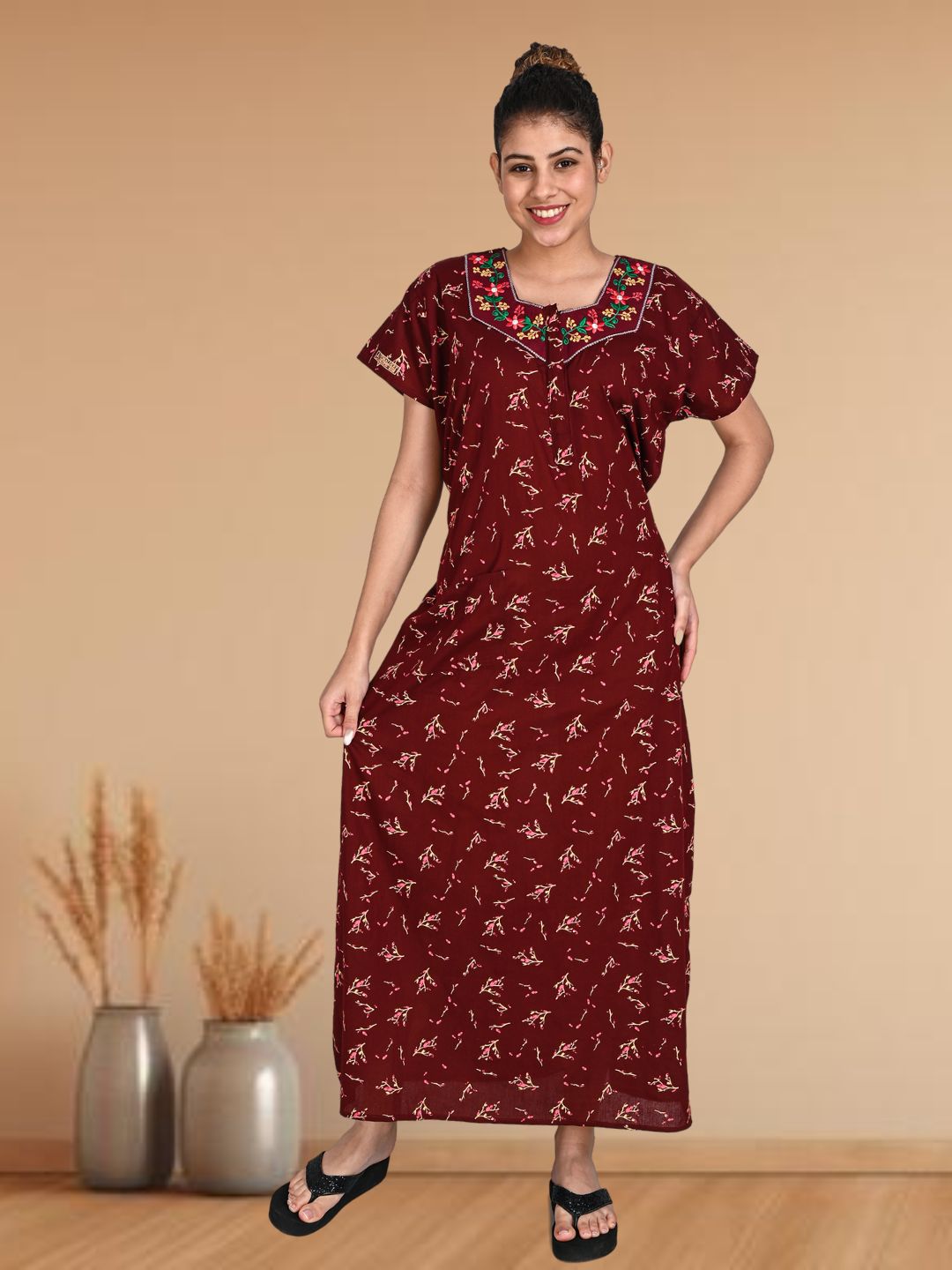 1903-Women's Pure Cotton Blended Printed Maxi Dress for Daily & Night Wear Floral Nighty