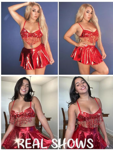 156-Red Women’s Sequin Fringe Bralette Top with Flared Mini Skirt Co-Ord Set
