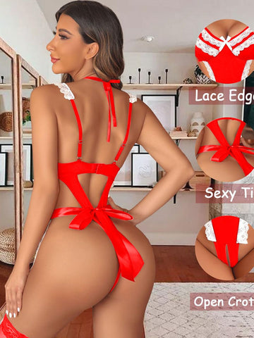 63 - Women Red & White Lace Roleplay Maid Lingerie Bodysuit with Apron & Choker