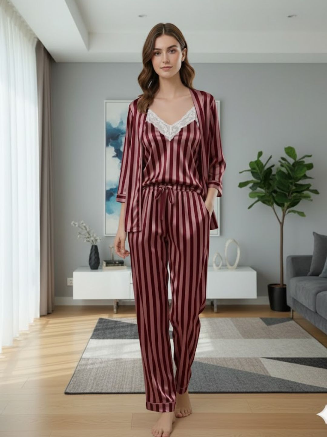 11011-MAROON Women’s Satin 3 Piece Nightwear Set – Striped Camisole, Robe & Pyjama