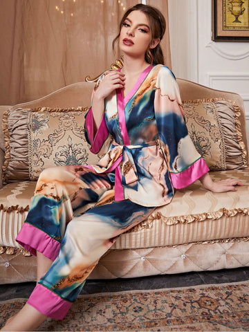 11010-PINK Premium Women’s Satin Night Suit – Designer Printed Robe & Pyjama Set