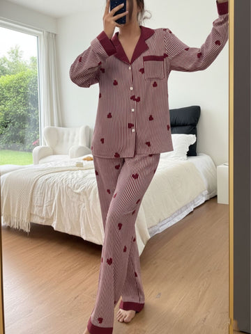 11016-Women Maroon & White Striped Heart Print Comfortable Shirt & Pyjama Nightwear Set