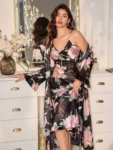 11017-BLACK-Women’s Floral Satin Nightdress with Matching Robe – Soft Luxury Nightwear Set