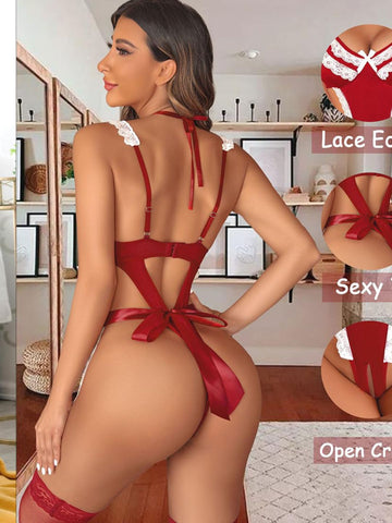 63 - Women Maroon & White Lace Roleplay Maid Lingerie Bodysuit with Apron & Choker