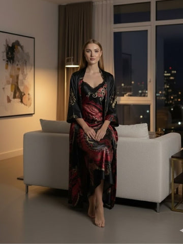 980 - Women Black & Red Paisley Printed Satin Nightdress with Long Robe
