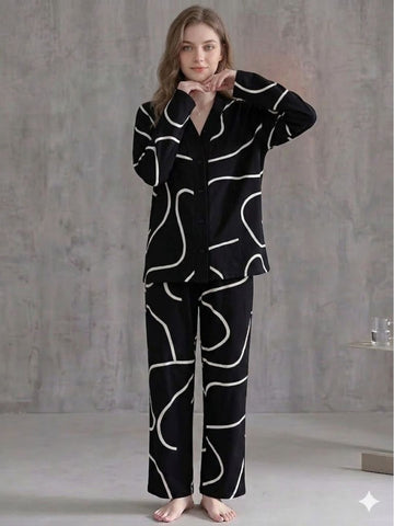 11034-Women Black Abstract Printed Shirt Collar Night Suit Set
