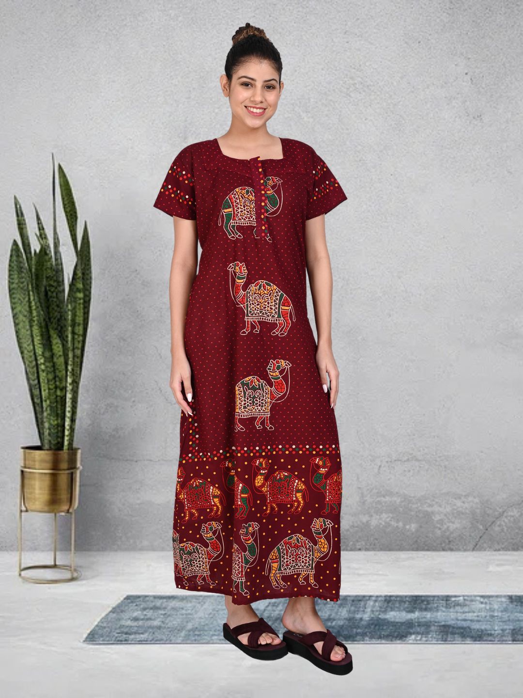 1450-Women's Pure Cotton Blended Printed Maxi Dress for Daily & Night Wear Floral Nighty