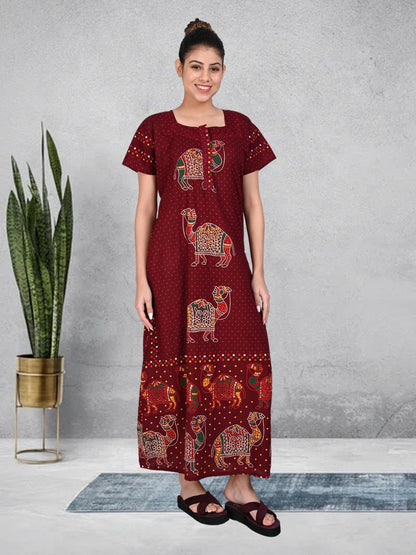1450-Women's Pure Cotton Blended Printed Maxi Dress for Daily & Night Wear Floral Nighty