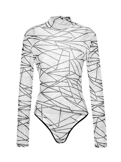 120 White-Geometric Mesh Long Sleeve Bodysuit