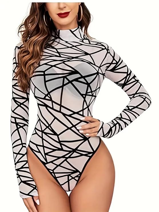 120 White-Geometric Mesh Long Sleeve Bodysuit