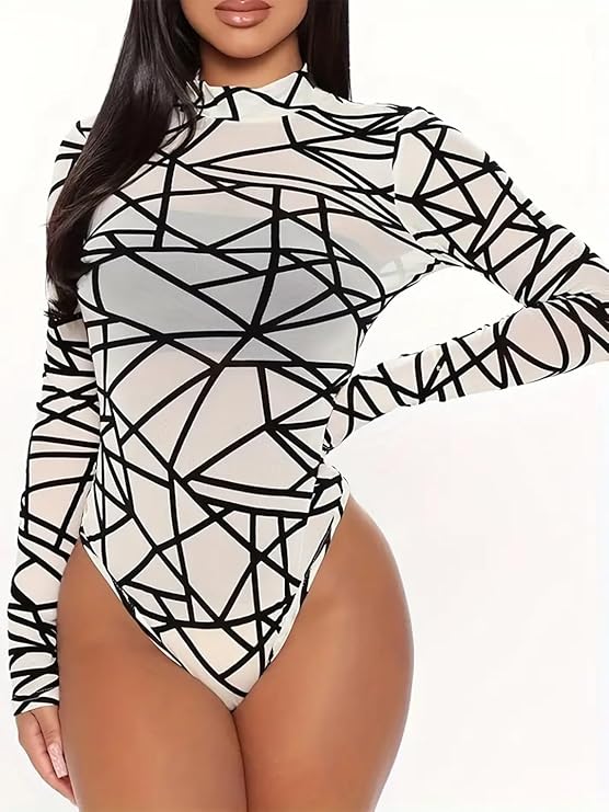 120 White-Geometric Mesh Long Sleeve Bodysuit