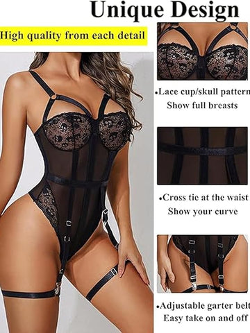 71 Black-Strappy Sheer Lace Garter Bodysuit