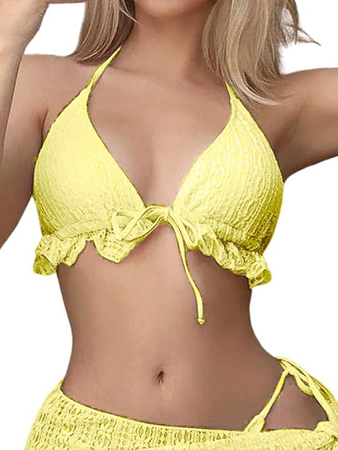 2001-Yellow Crochet Bikini Bralette with Matching Wrap Skirt Set