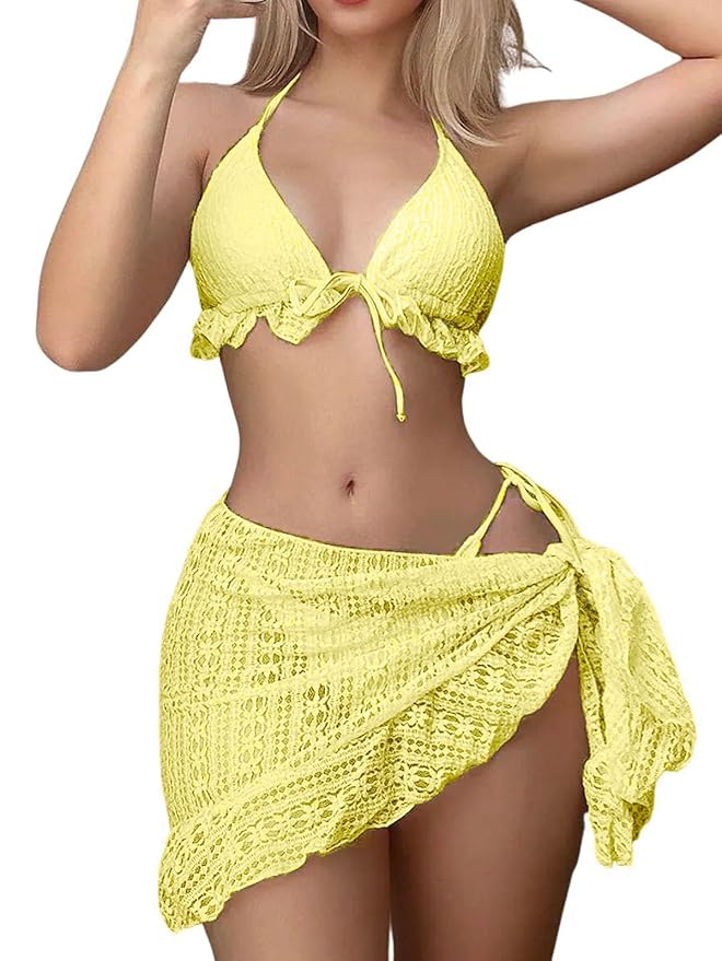 2001-Yellow Crochet Bikini Bralette with Matching Wrap Skirt Set
