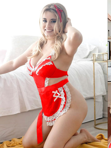 63 - Women Red & White Lace Roleplay Maid Lingerie Bodysuit with Apron & Choker