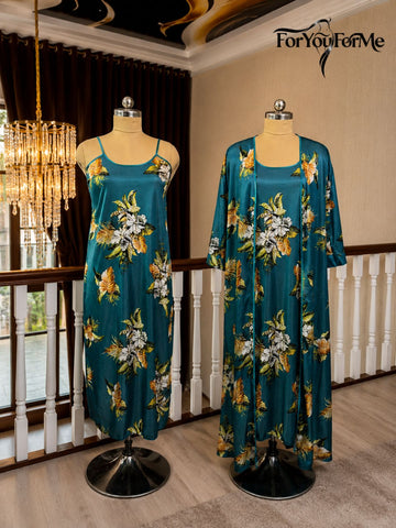 11001-Womens Floral Satin Nightdress with Robe Set