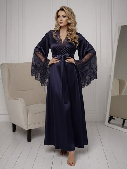 11028-Elegant Lace Trim Bridal Robe with Flared Sleeves
