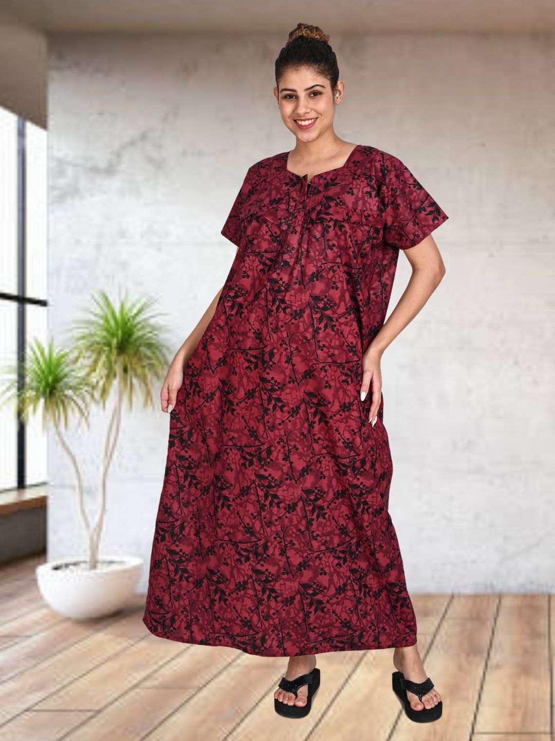 1502-Women's Pure Cotton Blended Printed Maxi Dress for Daily & Night Wear Floral Nighty