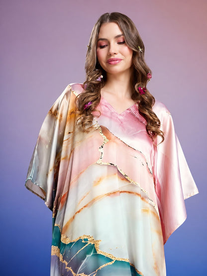 11057-Women Floral Printed Satin Kaftan Dress