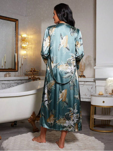 11001-Green Floral Satin Nightdress with Robe