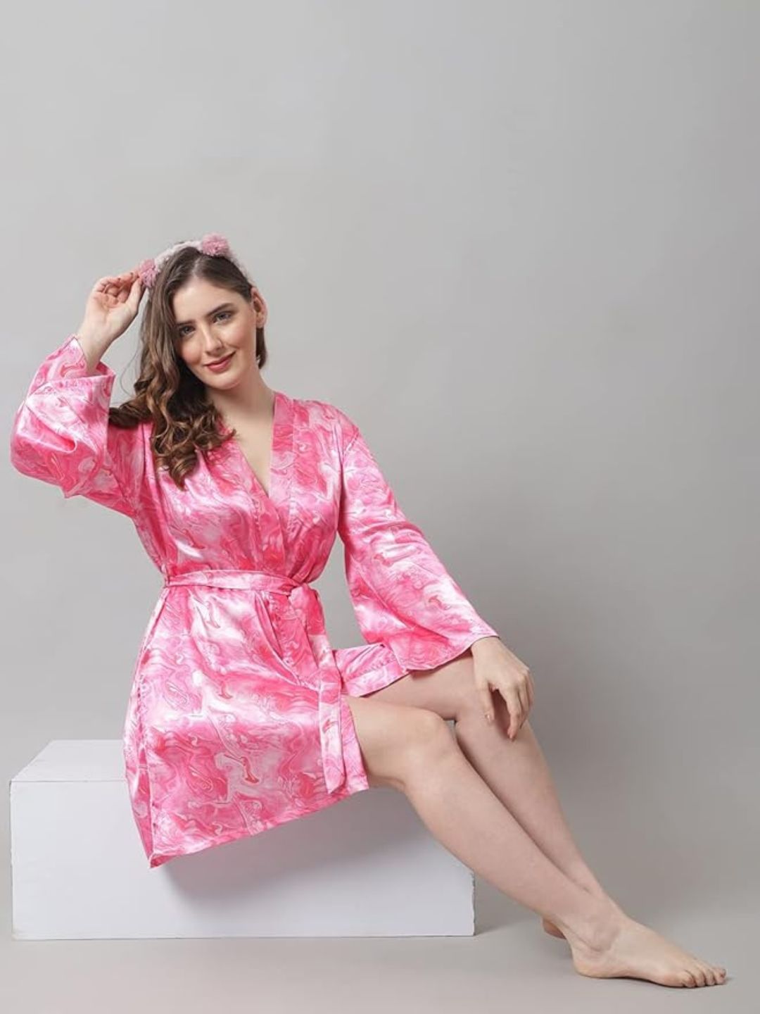 80-Faded Pink Satin Marble Short Robe