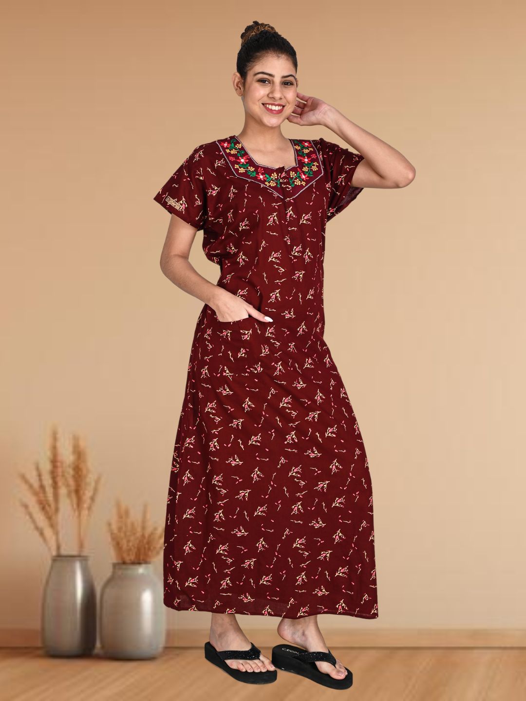 1903-Women's Pure Cotton Blended Printed Maxi Dress for Daily & Night Wear Floral Nighty