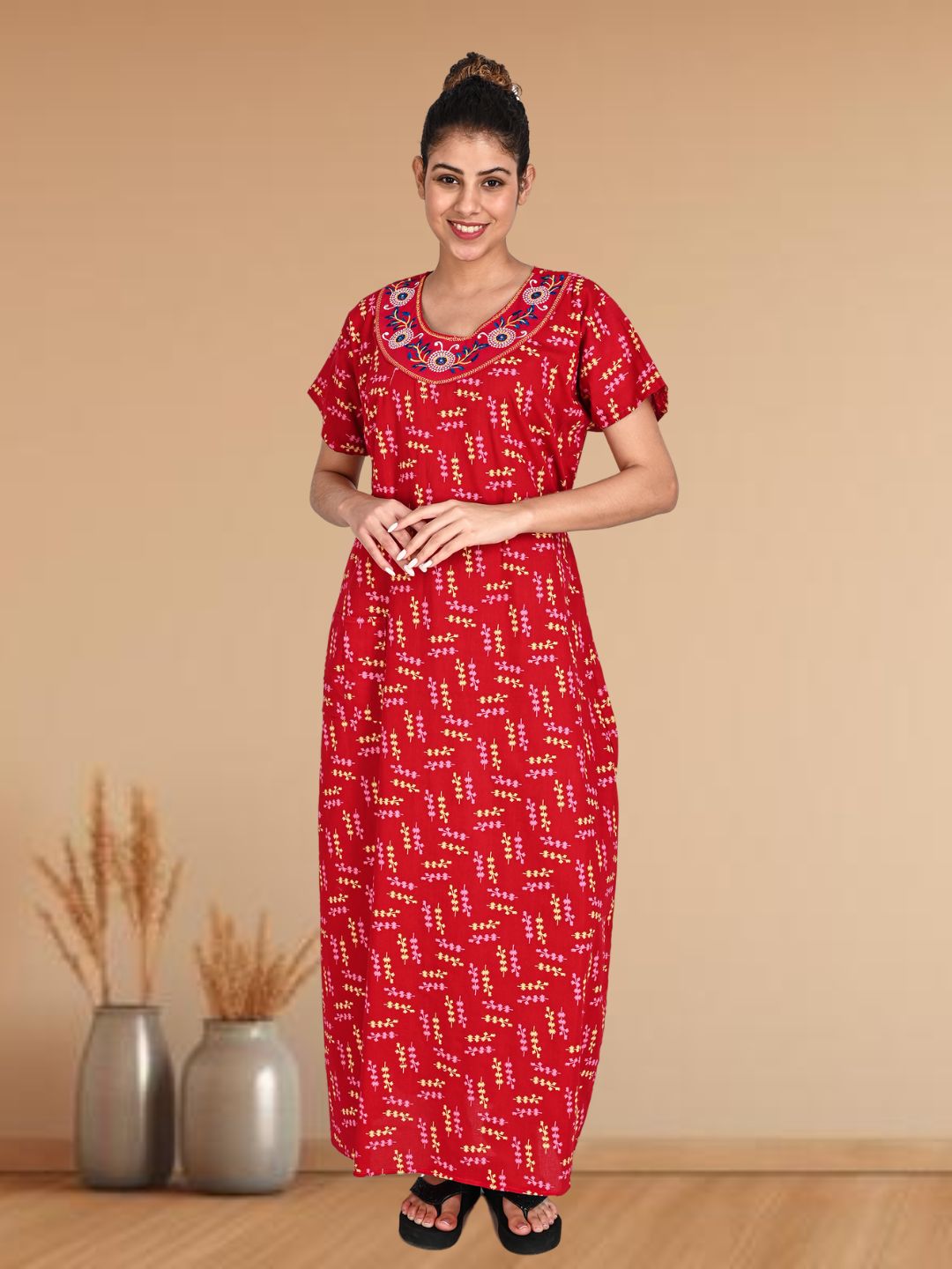 1904-Women's Pure Cotton Blended Printed Maxi Dress for Daily & Night Wear Floral Nighty