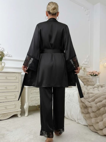 11002-Black Satin Nightwear Set with Lace Trim | Luxury Sleepwear For Women
