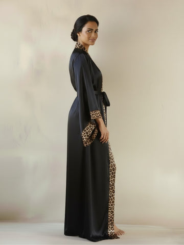 11027 - Women Black Satin Long Night Robe with Leopard Print Trim