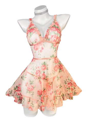 144 - Women Peach Floral Print Ruffled Fit & Flare Babydoll Dress
