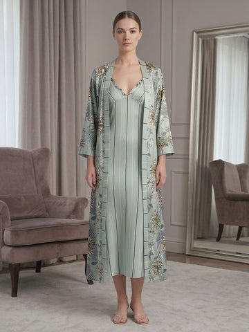 11023 - Women Grey Stripes Satin Nightdress with Floral Printed Long Robe