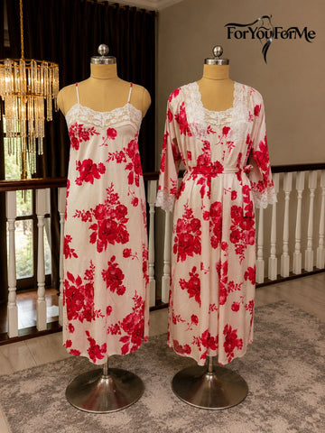 11031-Women Blush Pink Floral Satin Nightwear Set with Lace Trim Robe