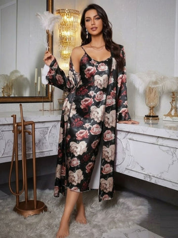 11051-Womens Black Floral Printed Nightdress with Robe