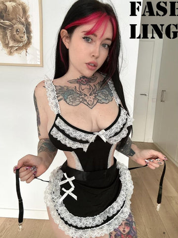 63 - Women Black & White Lace Roleplay Maid Lingerie Bodysuit with Apron & Choker