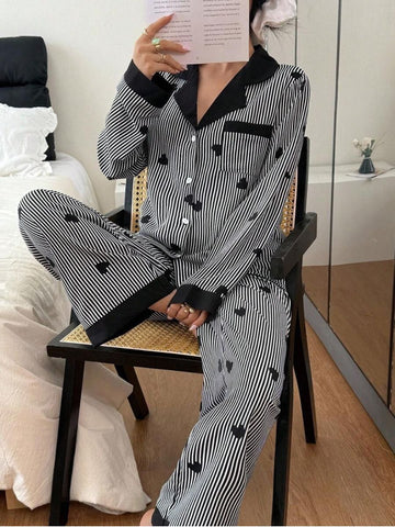 11016-Women Black & White Striped Heart Print Comfortable Shirt & Pyjama Nightwear Set