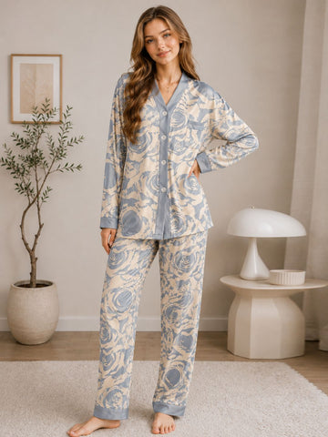 11052- Women Printed Satin Night Suit Set