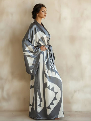 11027 - Women Grey & White Geometric Printed Satin Kimono Style Night Robe