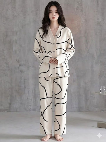 11034-Women Cream Abstract Printed Shirt Collar Night Suit Set