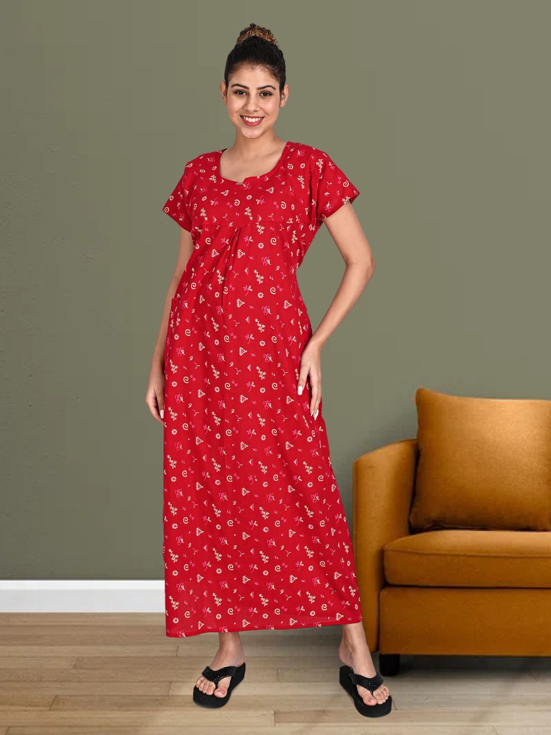 1650-Women's Pure Cotton Blended Printed Maxi Dress for Daily & Night Wear Floral Nighty