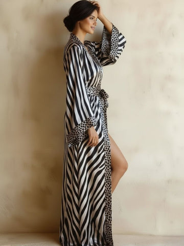 11027 - Women Black & White Satin Wrap Robe with Zebra Stripe & Leopard Print Accents