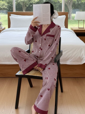 11016-Women Maroon & White Striped Heart Print Comfortable Shirt & Pyjama Nightwear Set
