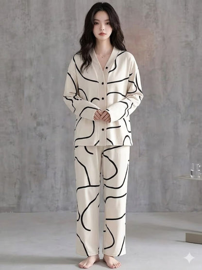 11034-Women Black Abstract Printed Shirt Collar Night Suit Set