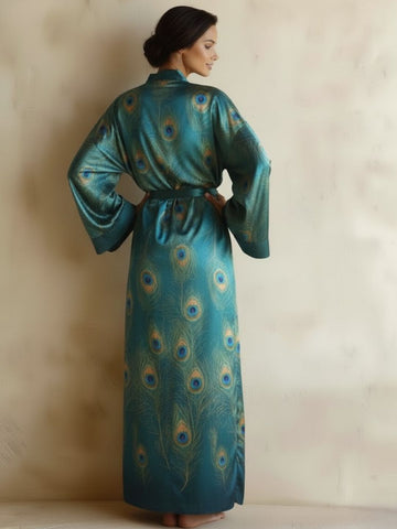 11027 - Women Teal Blue Peacock Feather Print Longline Kimono