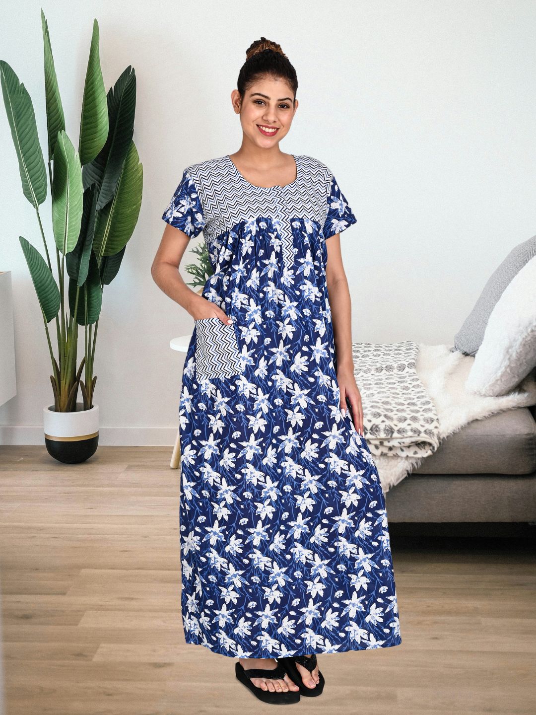 1601-Women's Pure Cotton Blended Printed Maxi Dress for Daily & Night Wear Floral Nighty