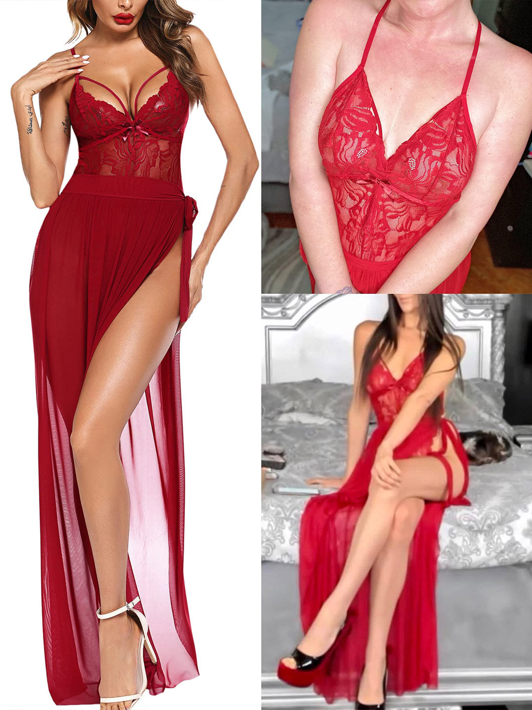 56-Red 2-Piece Black Lingerie Set – Deep V Lace Teddy & Mesh Wrap Skirt
