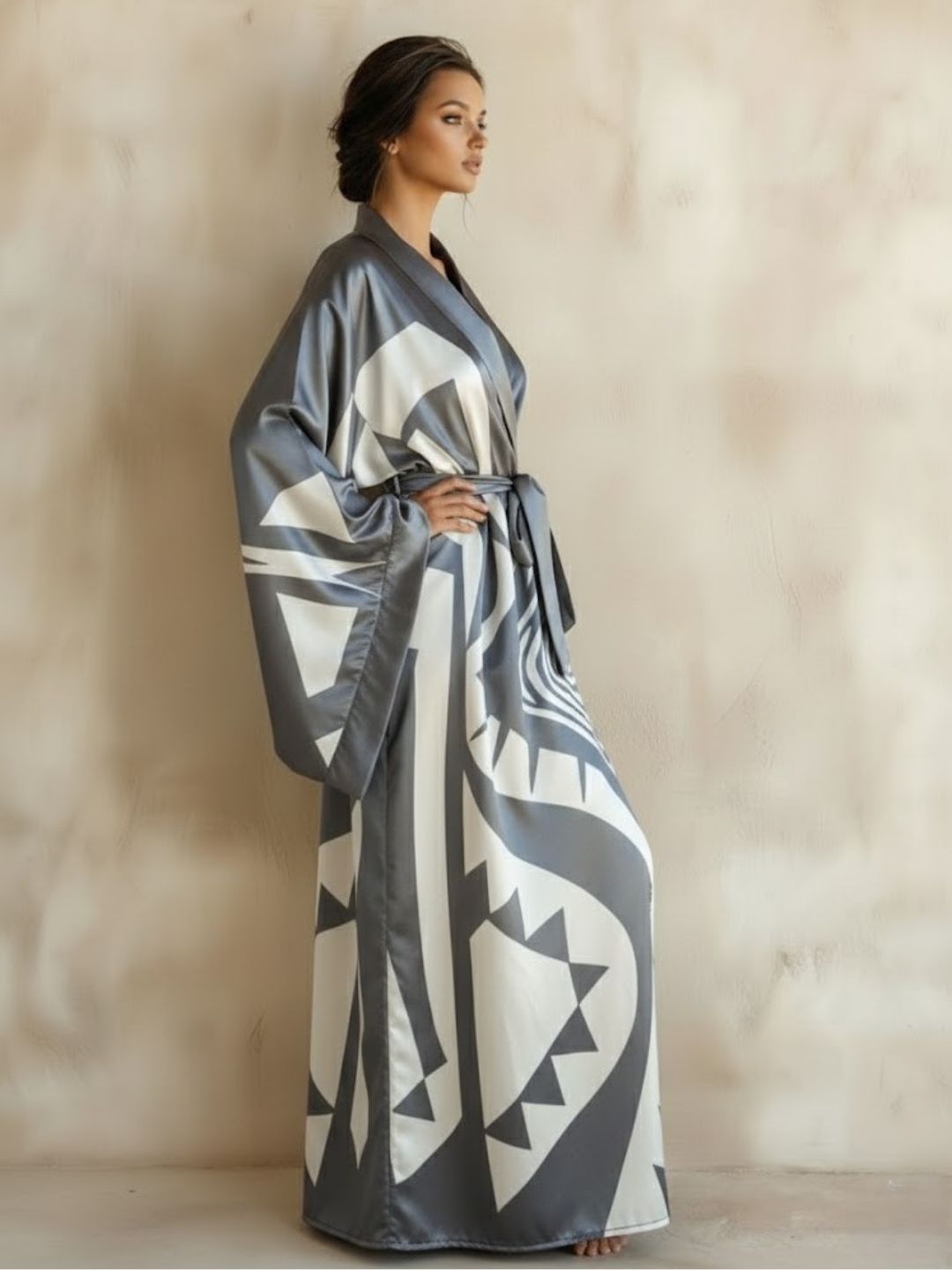 11027 - Women Black Satin Long Night Robe with Leopard Print Trim