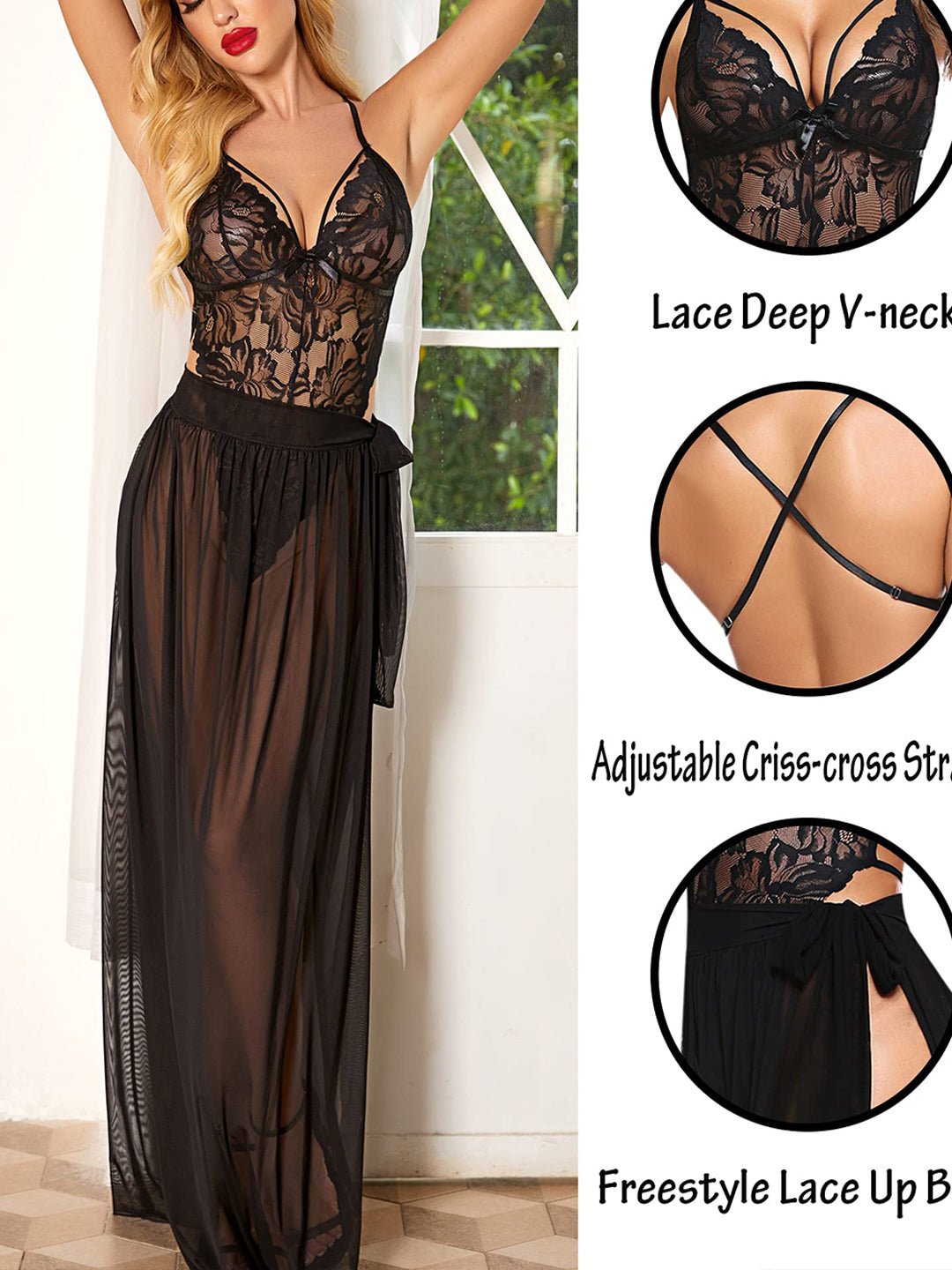 56-Black 2-Piece Black Lingerie Set – Deep V Lace Teddy & Mesh Wrap Skirt